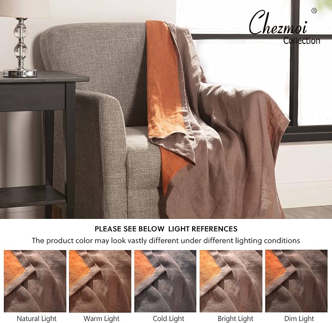 Chezmoi Collection Brussels Belgian Flax Linen Throw Blanket, 50" x 70" - Pre-Washed Super Soft Lightweight Breathable Summer Blanket Gray/Orange Color for Living Room Couch & Bed