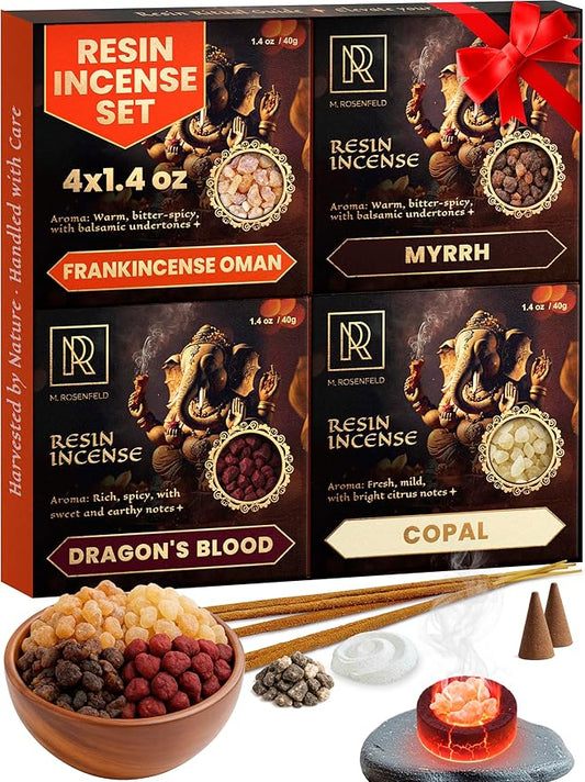 Premium Resin Incense Set - Aromatic Tree Gum Sap - Includes Frankincense, Myrrh, Dragon Blood, & Copal - Natural & Pure Aromatics for Spiritual, Meditation & Home Fragrance - 4 x 40g