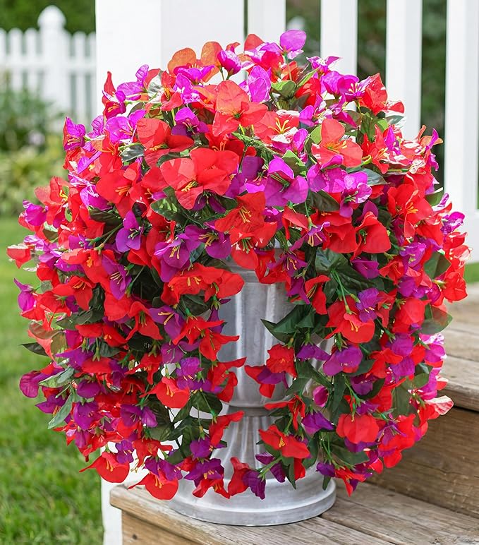 HyeFlora Bougainvillea Artificial Hanging Flowers Plants for Outdoors Decoration, 2pcs Fake Flowers Bougainvillea Vines Realistic UV Resistant Silk Flower for Outside Planter Porch Patio Yard Urn, Mix