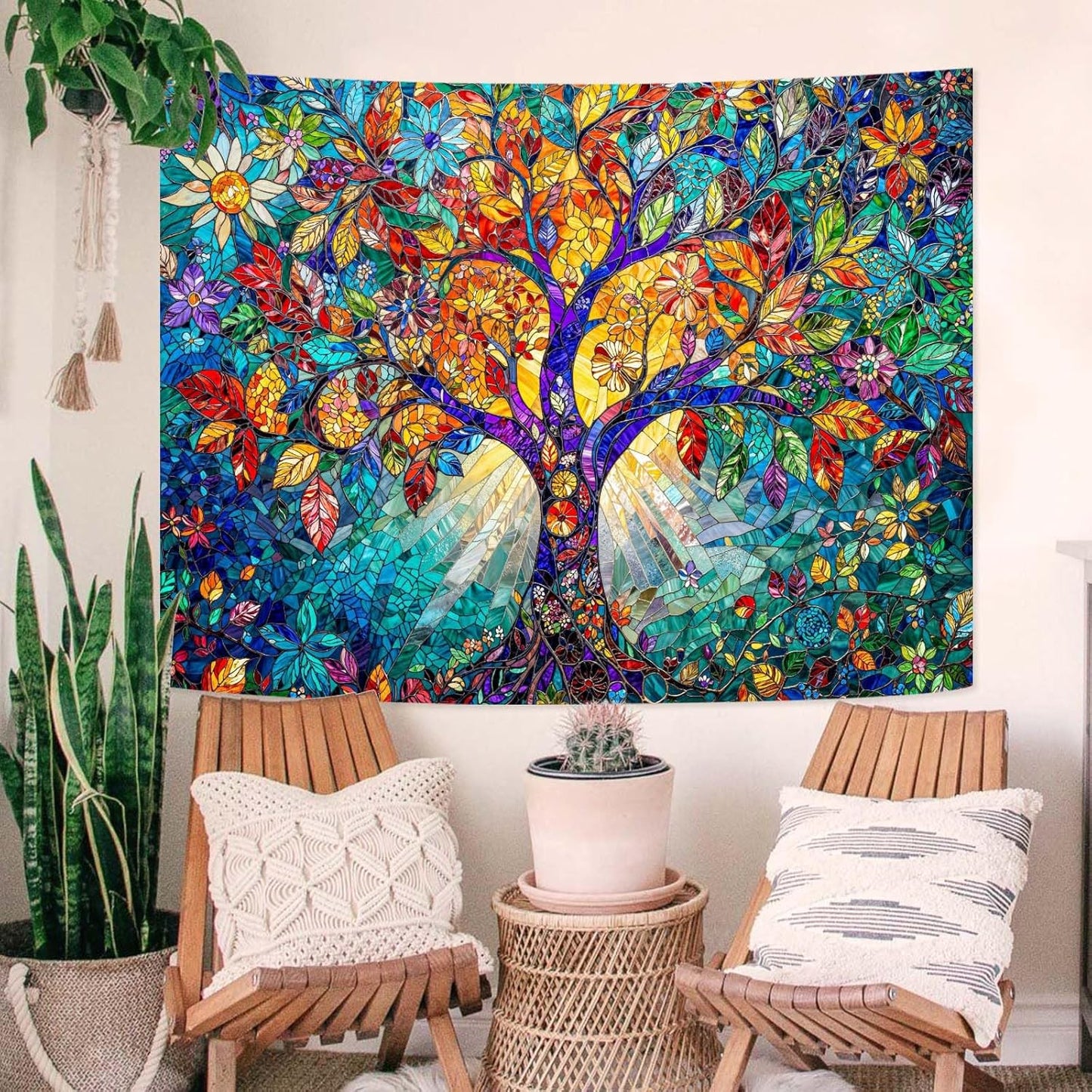 Lunerfex Tree of Life Tapestry Stained Glass Tapestry Wall Decor Tapestries for Bedroom Art Tapestries Wall Hanging for Bedroom Living Room Glass-Tree-02 70"x90"