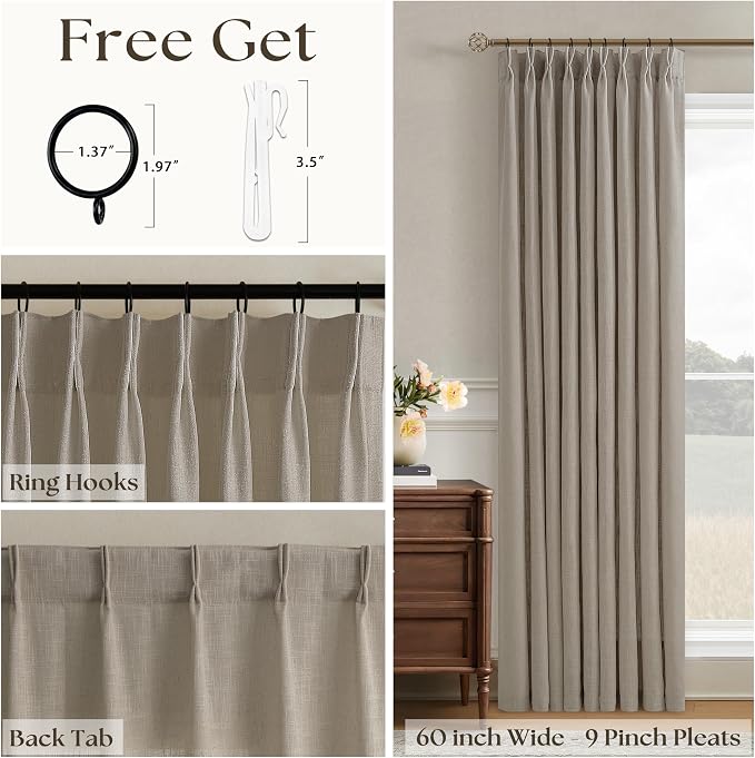 Pinch Pleated Linen 108 Inch Curtains 60 Inch Width for Living Room Divider Light Filtering Thick Burlywood Birch Linen Extra Wide Patio Curtains for Sliding Door Floor to Ceiling Window 1 Panel