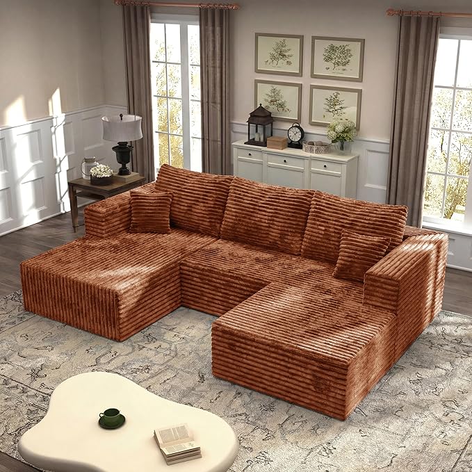 27.56'' Plush Fluffy Corduroy Poofy Ottoman in a Box for Boneless Sofa Couch, Modern Compressed Foot Rest, Small Comfy Rectangle Boneless Pouf Footstool Ottoman for Living Room, Bedroom, Orange