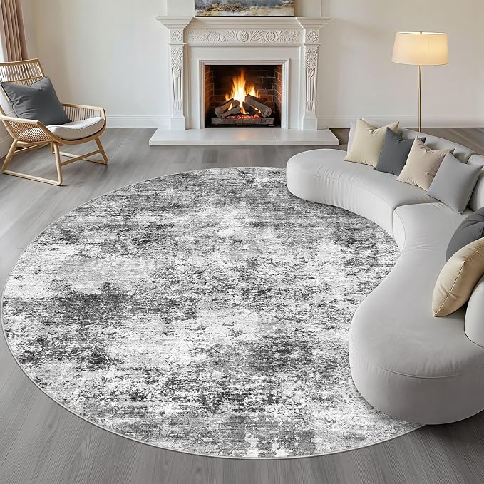 10ft Round Rug Living Room: 10x10 Washable Large Neutral Circle Area Rug Abstract Soft Modern Stain Resistant Indoor Floor Non-Slip Carpet for Bedroom Nursery Kids Office Playroom- Black Gray