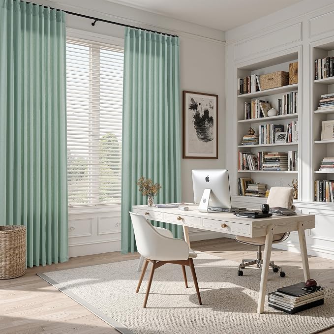 Aqua Green Pinch Pleated Linen Curtains 90 Inches Long Elegant Boho Farmhouse Semi Sheer Textured Linen Blended Light Filtering Curtain for Living Room Bedroom Pleated Drapes with Hooks Rings 40x90