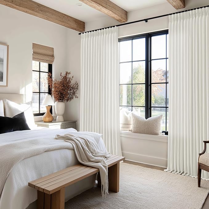 Natural Beige Semi Sheer Pinch Pleated Linen 70 Inch Extra Wide Curtains | Cream Ivory, 120 inch Extra Long Floor To Ceiling, Light Filtering Privacy, Living Room, Burlap Textured, Memory Shape