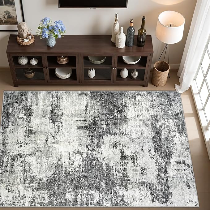 Washable Rug 6x9 Area Rugs: Soft Large Living Room Rug with Anti-Slip Backing Non-Shedding Stain-Resistant Modern Abstract Carpet for Bedroom Dining Room Nursery Home Office-Black
