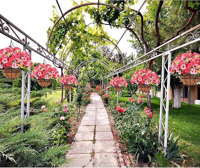 Ouddy Decor Artificial Hanging Flowers with Basket, Fake Silk Hanging Flowers in Coconut Lining Basket Faux Hanging Plants for Outdoor Indoor Spring Garden Porch Patio Balcony Home Decor, Pink