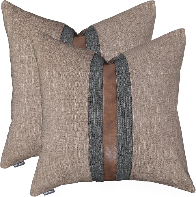 BOYSUM Set of 2 Leather Throw Pillow Covers Cotton Linen Decor Patchwork Pillow Cover Faux Leather Pillows Cover for Couch Sofa Living Room Bedroom,Coffee 20"x20"