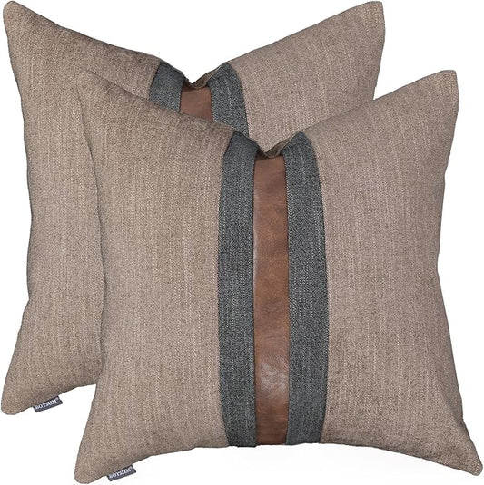 BOYSUM Set of 2 Leather Throw Pillow Covers Cotton Linen Decor Patchwork Pillow Cover Faux Leather Pillows Cover for Couch Sofa Living Room Bedroom,Coffee 20"x20"
