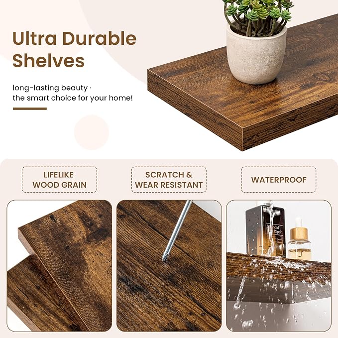 Marsmiles 24in Floating Shelves for Wall, 24" W x 9.25" D x 1.25" H, 2 Pack Long Wall Mounted Engineered Wood Shelves with Invisible Brackets for Living Room, Bedroom, Bathroom, Kitchen, Rustic Brown