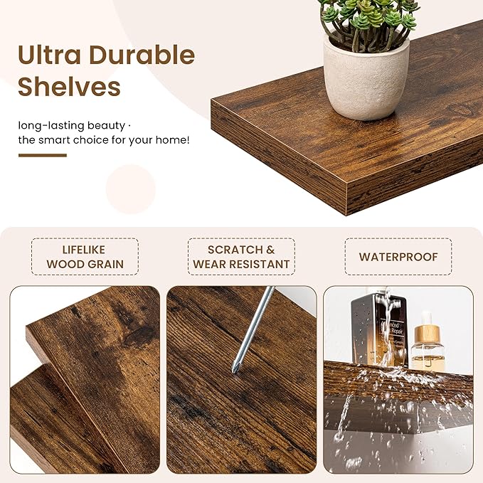 Marsmiles 36in Floating Shelves for Wall, 36" W x 9.25" D x 1.25" H, 2 Pack Long Wall Mounted Engineered Wood Shelves with Invisible Brackets for Living Room, Bedroom, Bathroom, Kitchen, Rustic Brown