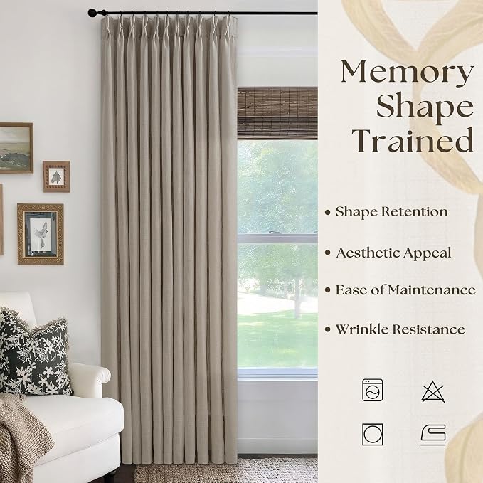 Taupe Pleated Linen Curtains 120 Inches Long 70 Inch Width Extra Wide for Living Room Bedroom Semi Sheer 120 Inch Length Back Tab Hooks Rings Pinch Pleat Greige Curtains for Patio Glass Door 1 Panel