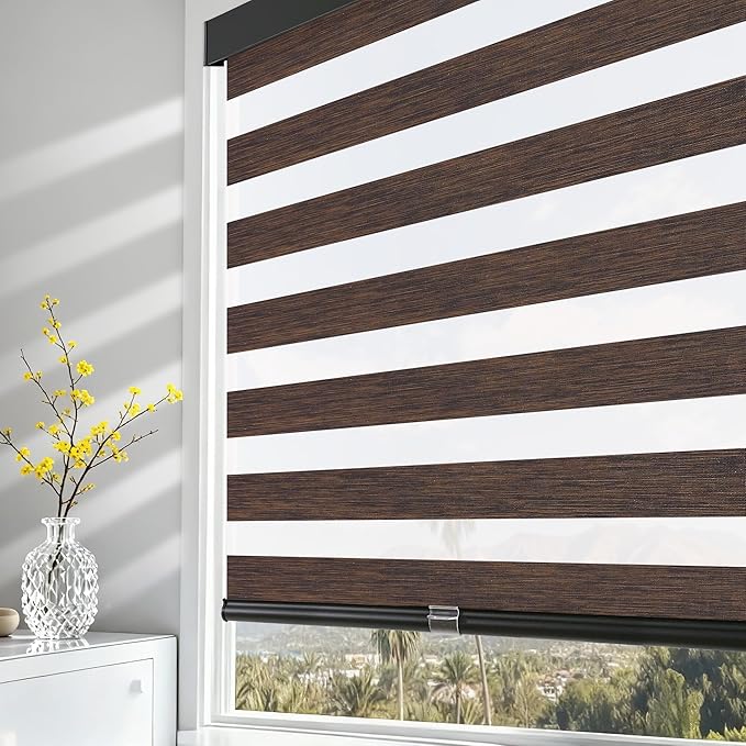 AOSKY Cordless Zebra Blinds for Windows Pull Down Roller Window Shades Dual Layer Light Filtering Privacy for Day and Night, Free-Stop Door Shades for Home Easy to Install Brown 27" W X 72" H