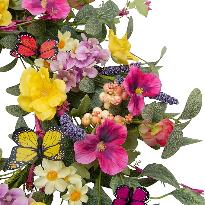 20 inch Flower Wreath Spring Door Wreath Artificial Summer Wreath Spring Decorations with Colorful Silk Flowers and Butterflies for Home Wedding Farmhouse Holiday Decor