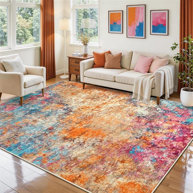8x10 Area Rugs for Living Room Rug Washable: Abstract Large Rug for Dining Room Bedroom Carpet Non Slip 8 by 10 Indoor Modern Nursery Home Office Colorful