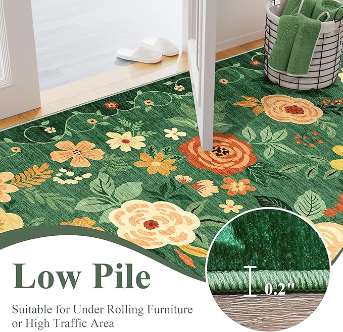 DUKINO Runner Rug, 2x10 Kitchen Hallway Carpet, Washable with Non-Slip Backing, Low Pile Soft Boho Floral for Entryway, Laundry, Bedroom, Dark Green