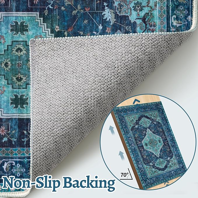 Tangsoo Oriental Teal 3X5 Washable Rugs for Entryway, Non Slip Vintage Indoor Accent Rug Carpet, Boho Soft Low Pile Tumble Rug for Living Room Dining Bedroom Bedside Entry Home Decor