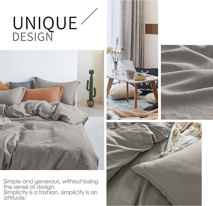 Simple&Opulence 100% Linen Duvet Cover Set 3pcs Basic Style Natural French Washed Flax Solid Color Soft Breathable Farmhouse Bedding with Button Closure - Dove Grey, King