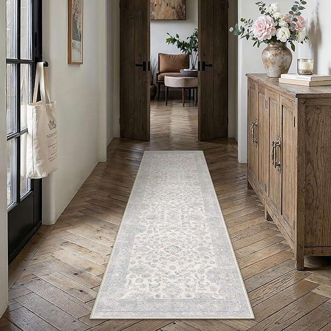 2x8 Blue Washable Runner Rug for Living Room Bedroom Neutral Soft Floral Non Slip Runner Rug Lightweight Vintage Low Pile Distressed Runner Kitchen Hallway Porch Beside Bed Bathroom