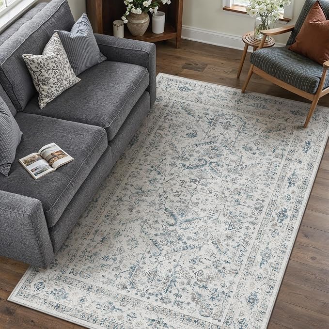 PureCozy Blue 5x7 Area Rug Vintage Washable Living Room Carpet Non Slip Bedroom Indoor Office Low Pile Traditional Distressed Retro Accent Rug for Dining Room Bathroom Kitchen