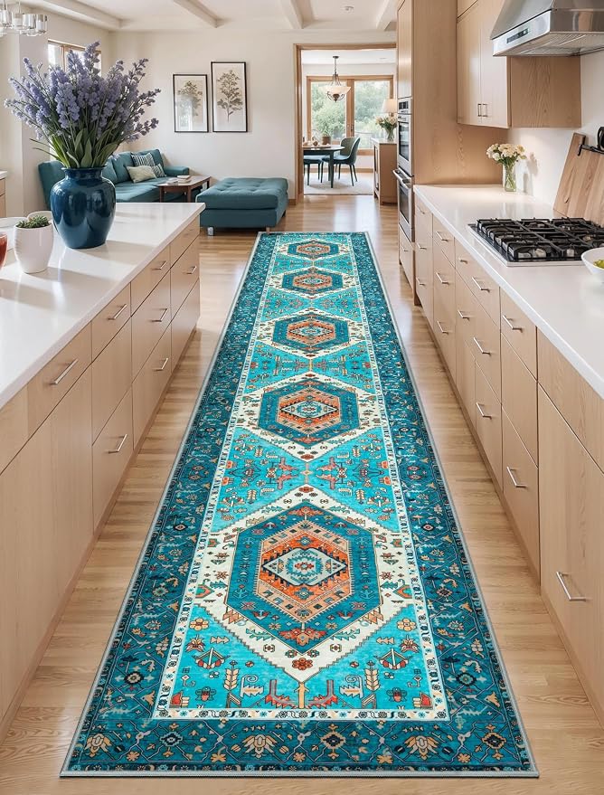 SERISSA Runner Rug for Hallways, 2'6"x18' Washable Non Slip Kitchen Runner Rug, Extra Long Boho Rug Ultra Soft Vintage Blue Print Floor Carpet for Hallway Living Room Dining Room Bedroom