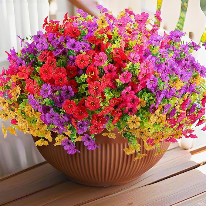 Rowfad 18 Pcs Artificial Daisy Flowers for Outdoors UV Resistant Fake Plastic Colorful Spring Flowers Faux Silk Plants for Outside Porch Easter Patio Home Decor (18, Red, Purple, Yellow, Rose Red)