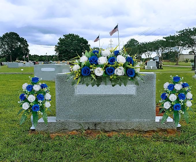 DONODA 2 Sets Artificial Cemetery Flowers， Outdoor Grave Decorations Roses，Accompanied by 2 Long Nail Vases。Lasting and Non-Bleed Colors. (18 Heads (Dark Blue+White))