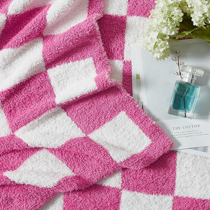 WRENSONGE Soft Checkered Throw Blanket for Couch-Cozy Warm Knitted Blankets | Lightweight Warm Fluffy Decor for Women, Mom, Her & Girls, Sofa, Chair, Bed, 50x70in, Hot Pink