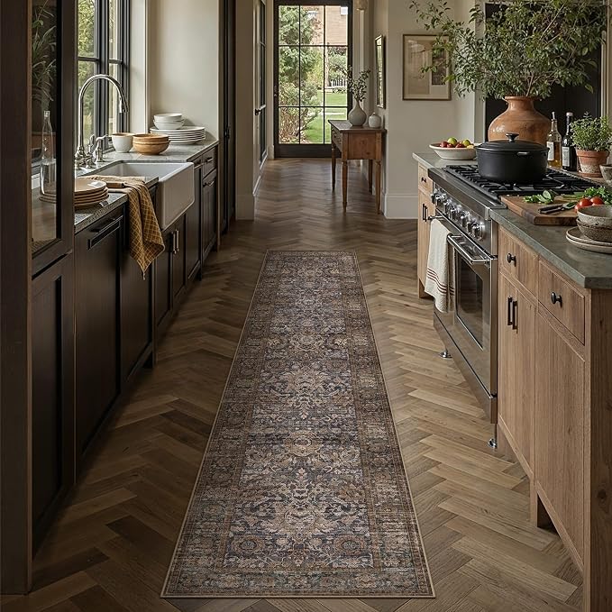 HUGEAR Hallway Runner Rugs 2x8 Blue Brown Washable Rug Neutral Vintage Rug Carpet Distressed Soft Durable Non Slip No Shedding for Indoor Bedroom Kitchen Dining Nursery Laundry
