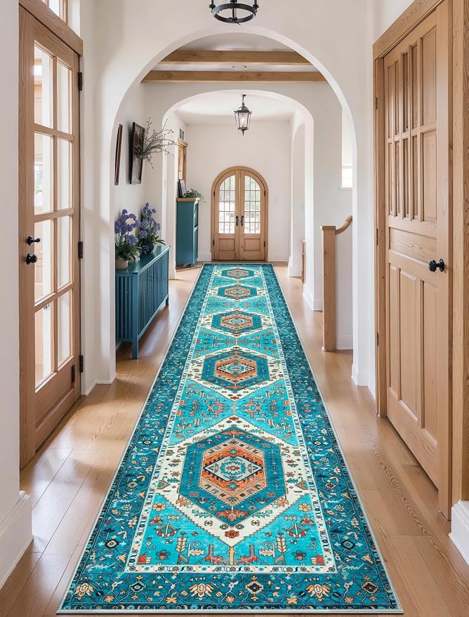 SERISSA Runner Rug for Hallways, 2'6"x16' Washable Non Slip Kitchen Runner Rug, Extra Long Boho Rug Ultra Soft Vintage Blue Print Floor Carpet for Bedroom Hallway Entryway Bathroom Laundry Room