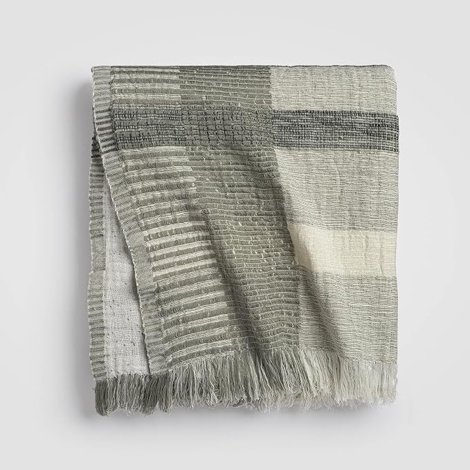 Zen Garden Plaid Throw Blanket 55x80, Sage Neutral Plaid 100% Cotton Decorative Sofa and Bed Blanket, Lightweight All-Season Throw, Handwoven in India, Luxury Bedding Accent