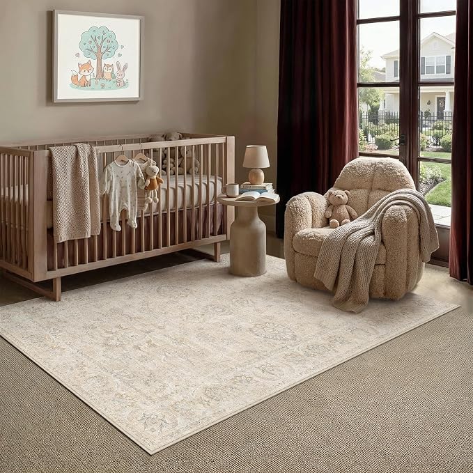 3x5 Cream Washable Area Rug for Entryway Neutral Floral Soft Non Slip Carpet Low Pile Distressed Door Mat for Bathroom Bedroom Entrance Living Room