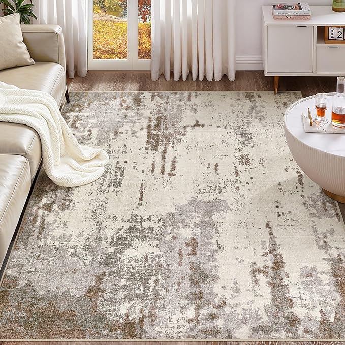 UERMEI 9x12 Area Rug Living Room Rugs - Washable Neutral Modern Abstract Soft Thin Rug Indoor Floor No Slip Rug Carpet for Bedroom Under Dining Table Home Office Decor - Brown/Grey/Beige