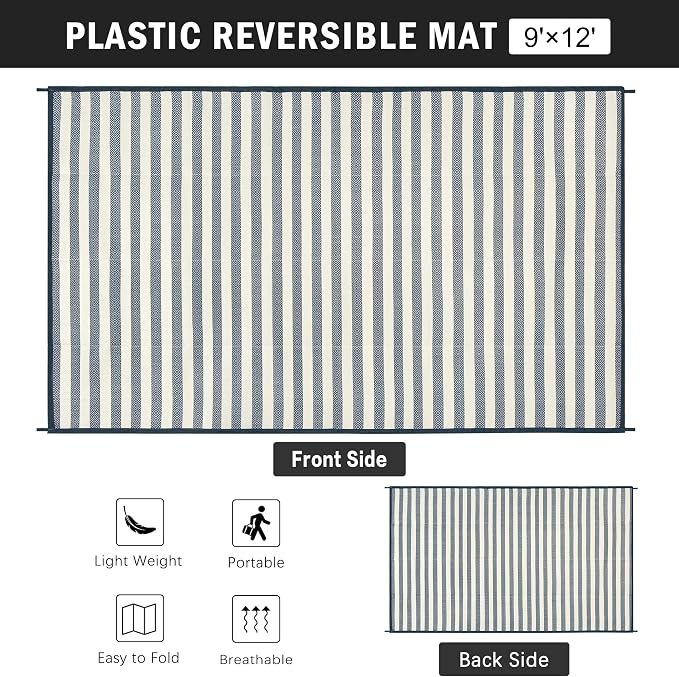HUGEAR 9'x12' Outdoor Rug Waterproof Plastic Straw Rugs Large Blue Stripe Reversible Mat Floor Carpet for Camping RV Deck Entryance Porch Picnic Balcony Beach Backyard