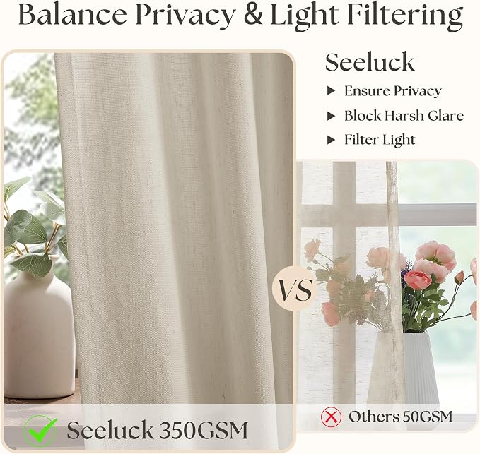 Linen Beige Pleated Curtains 90 Inches Long Patio Sliding Door Curtains 70 Inch Width Light Filtering Semi Sheer Curtain Drapes Oatmeal Tan Neutral Extra Wide 70x90 Curtain Panels for Living Room