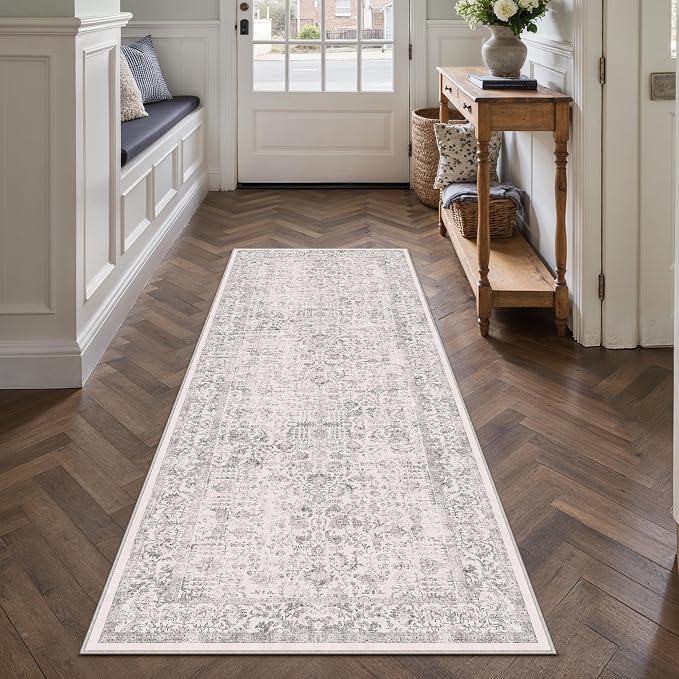 PureCozy Gray Runner Rug 2x7 Hallway Machine Washable Kitchen Vintage Distressed Non Slip Long Carpet Indoor Grey Retro Floral Bedroom Accent Throw Rug for Bathroom Office Laundry Dining Living Room