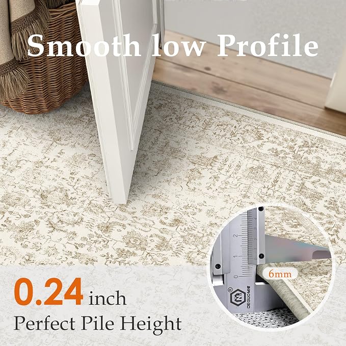PureCozy Light Brown Area Rug 4x5 Office Entryway Rug Machine Washable Kitchen Vintage Distressed Non Slip Carpet Indoor Retro Floral Accent Throw Door Mat for Bathroom Bedroom Dining Living Room
