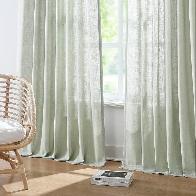 Vision Home Soft Green Pinch Pleated Semi Sheer Curtains Textured Linen Blended Light Filtering Window Curtains 63 inch for Living Room Bedroom Pinch Pleat Drapes with Hooks 2 Panels 40" Wx63 L