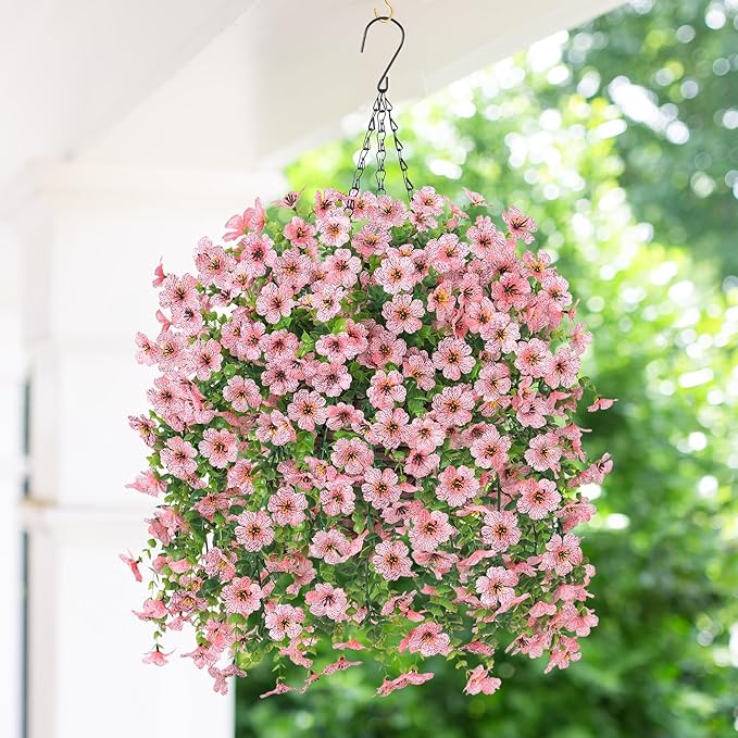 HyeFlora Artificial Hanging Flowers Basket for Outdoor, Fake Flowers Faux Plants Look Real for Yard Gardens Porch Patio Home (Pink)