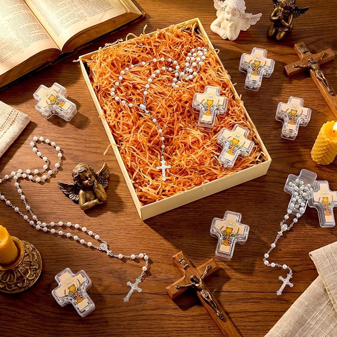 Cunno 12 Set First Holy Communion Bead Rosary Cross Necklace for Baptism First Communion Gifts Scented with Cross Shape Box for Guest Catholic Religious Rosary Baptism Party Primera Comunión (White)