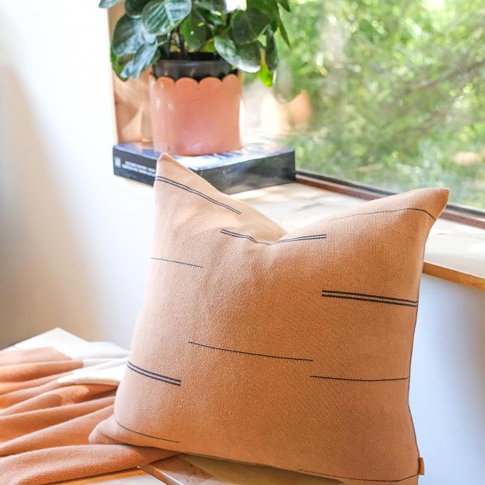 100% Cotton Knitted Soft Modern Geometric Dash Lines Throw Pillow Cover (Thin Line Baked Clay, 18" x 18")