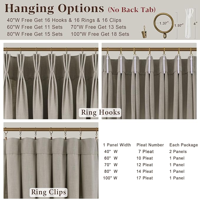 90 Inch Triple Pinch Pleated Linen Curtains 2 Panel Set for Living Room Grey Beige Linen Textured Drapes 90 Inches Long Pinch Pleat Curtain Tan Brown Semi Sheer Light Filtering for Dining Room Office