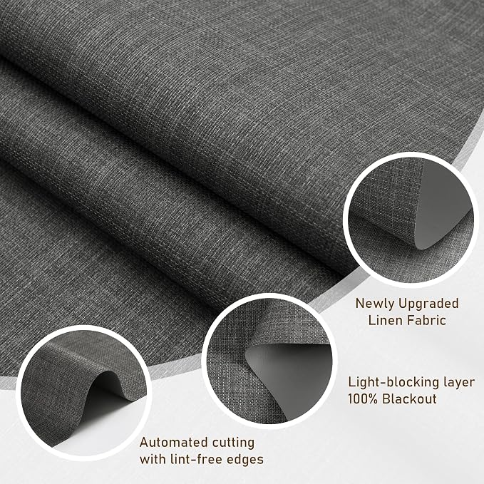 AOSKY Linen Roller Blinds Shades for Indoor Windows Pull Down Cordless Blackout Black Out Window Shade 47 Inch Blinds for Home Dark Grey