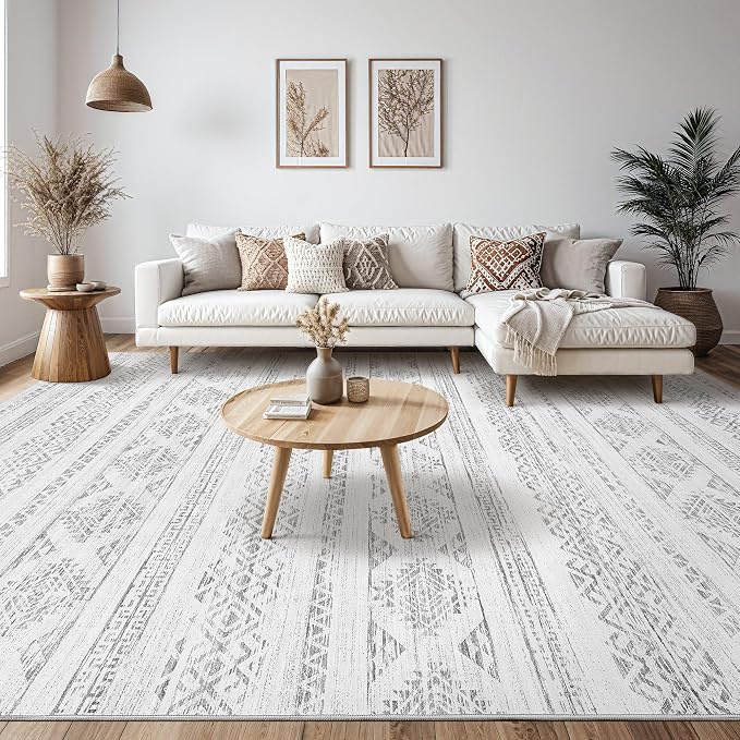 Tortania Area Rug Living Room Rugs - 10x12 Washable Large Soft Neutral Boho Moroccan Bohemian Farmhouse Rug Indoor Floor Carpet for Bedroom Under Dining Table Home Office Decor - Ivory Gray