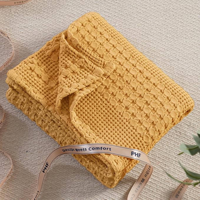 PHF 100% Cotton Waffle Throw Blanket for Couch, Lightweight Breathable and Soft for Summer, Luxury Aesthetic Waffle Weave Blanket for Home Decor & Office, Gifts for Women, 50"x60", Pumpkin Orange