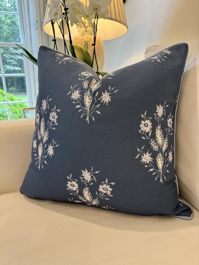 Jillien Harbor “The Norfolk” Dark Blue & White Floral Block Print Pillow Cover – Dark Blue Decorative Throw Pillow Cover – Grandmillennial Home Decor, 20" x 20"