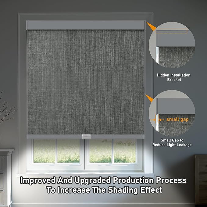 AOSKY Linen Roller Blinds Shades for Indoor Windows Pull Down Cordless Blackout Black Out Window Shade 25 Inch Blinds for Home Dark Grey