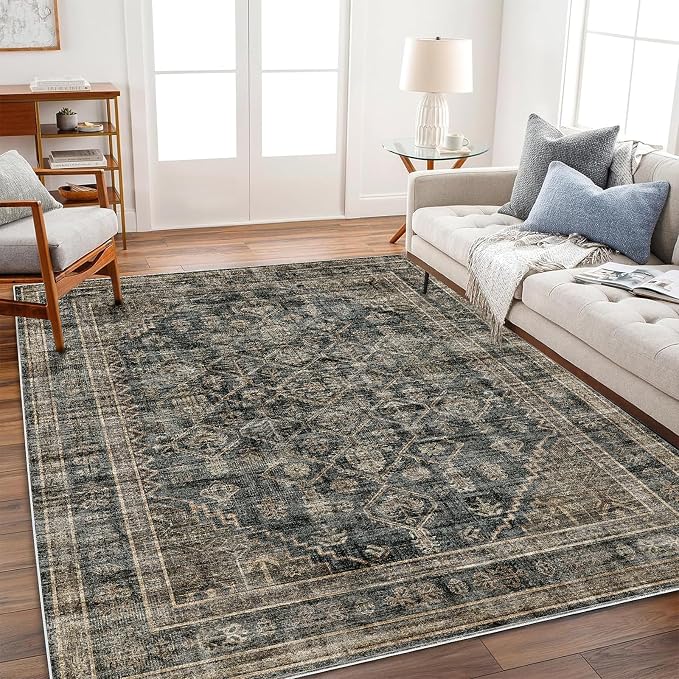 CHAMPLANT Washable Area Rug 3'x5' Vintage Traditional Floor Cover Foldable Thin Rugs Retro Kitchen Indoor Distressed Non Slip Carpet Floral Print Mat Bedroom Living Room