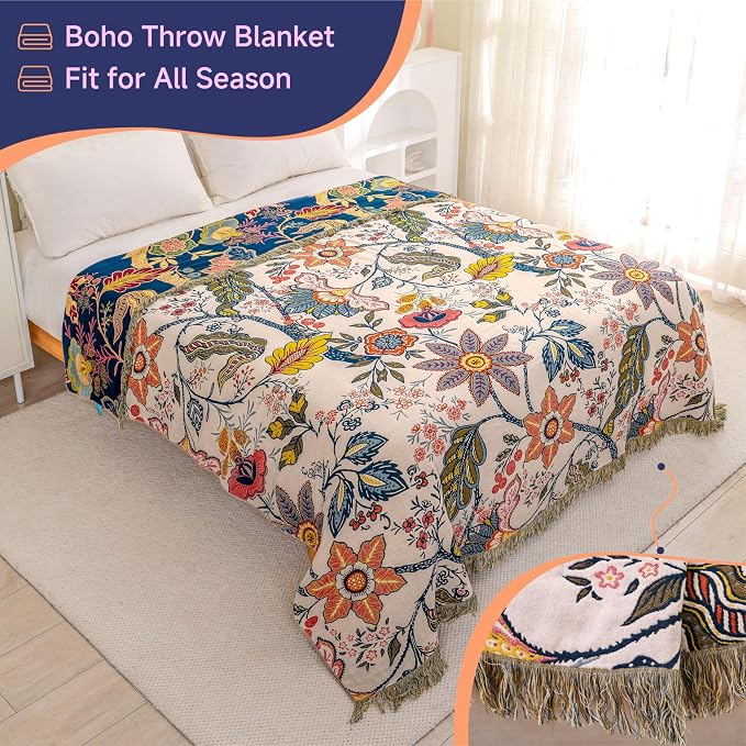Boho Cotton Throw Blanket - Ultra-Soft Rustic Quilt for Bed, Home Decor & Travel - Large 90"x98" Muslin Blanket - All-Season Lightweight Bedspread & Throw for Women & Moms