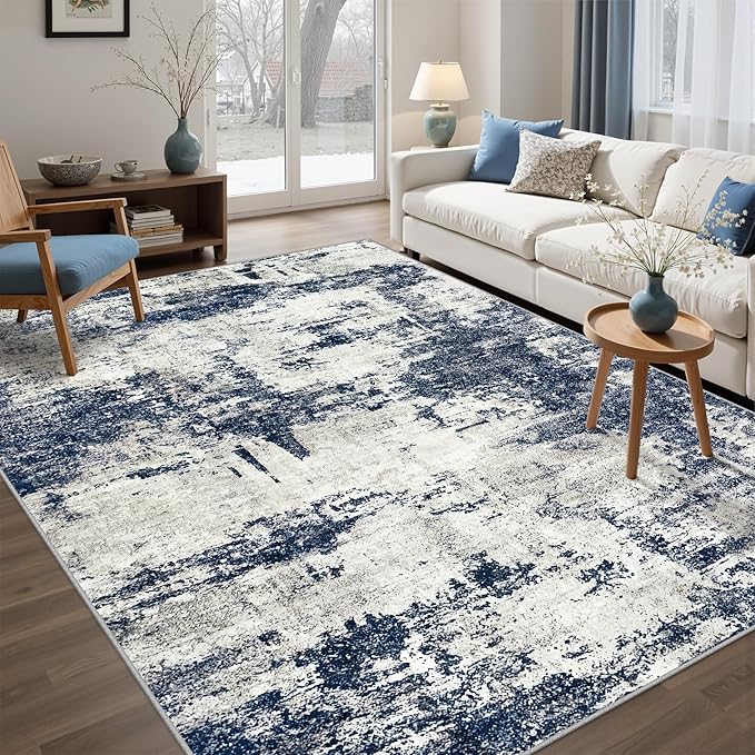 Area Rug Living Room Rugs: 5x7 Washable Rug with Anti-Slip Backing Non-Shedding Stain-Resistant Foldable Modern Abstract Carpet for Bedroom Dining Room Nursery Home Office - Gray/Blue